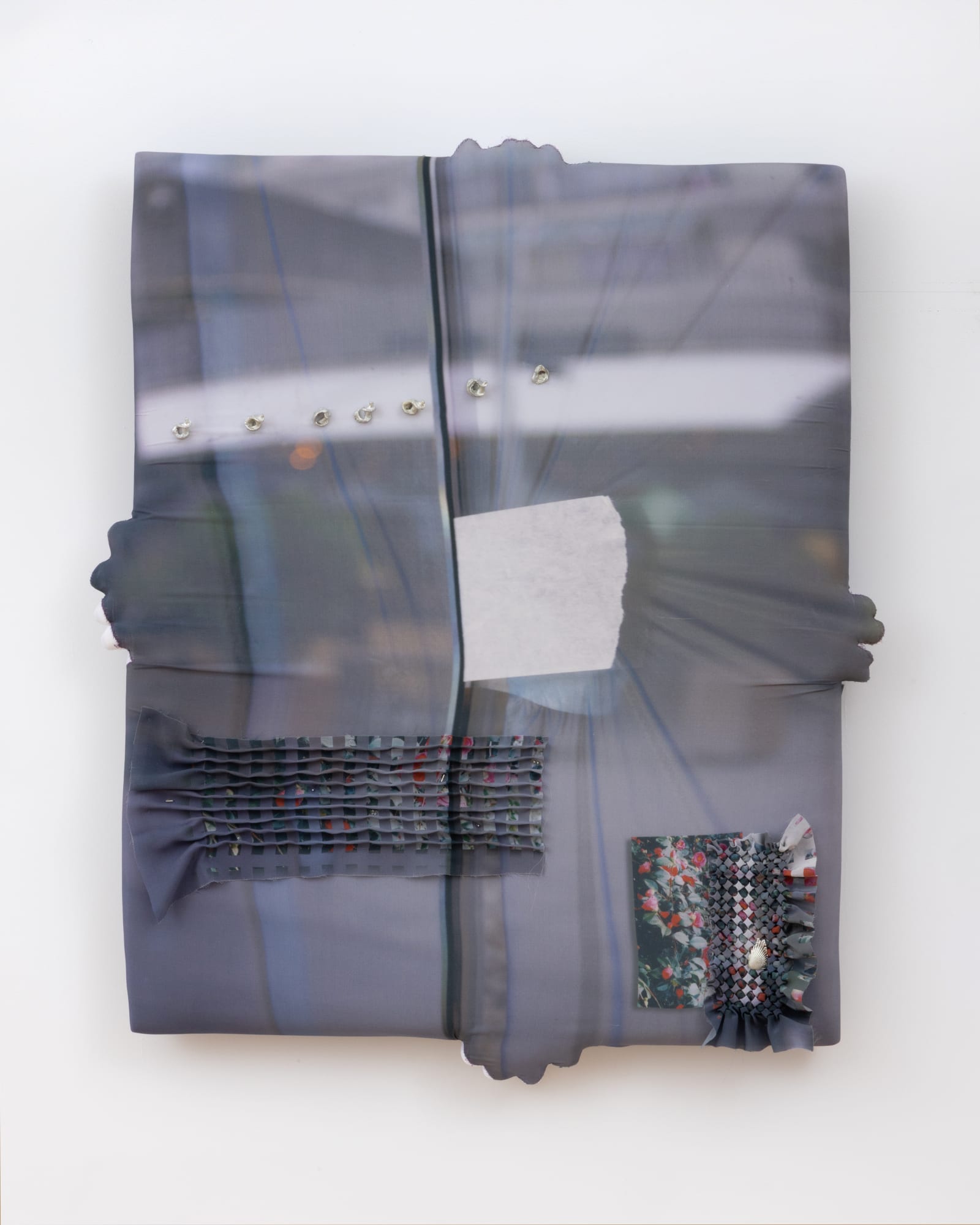 Emma Safir (b. 1990) STARINA, 2025 Digitally printed silk, pewter, mirrored glass beads, reflective thread, neoprene, ochre oxide pigment 33 x 28 x 2 inches 83 x 71 x 5 cm