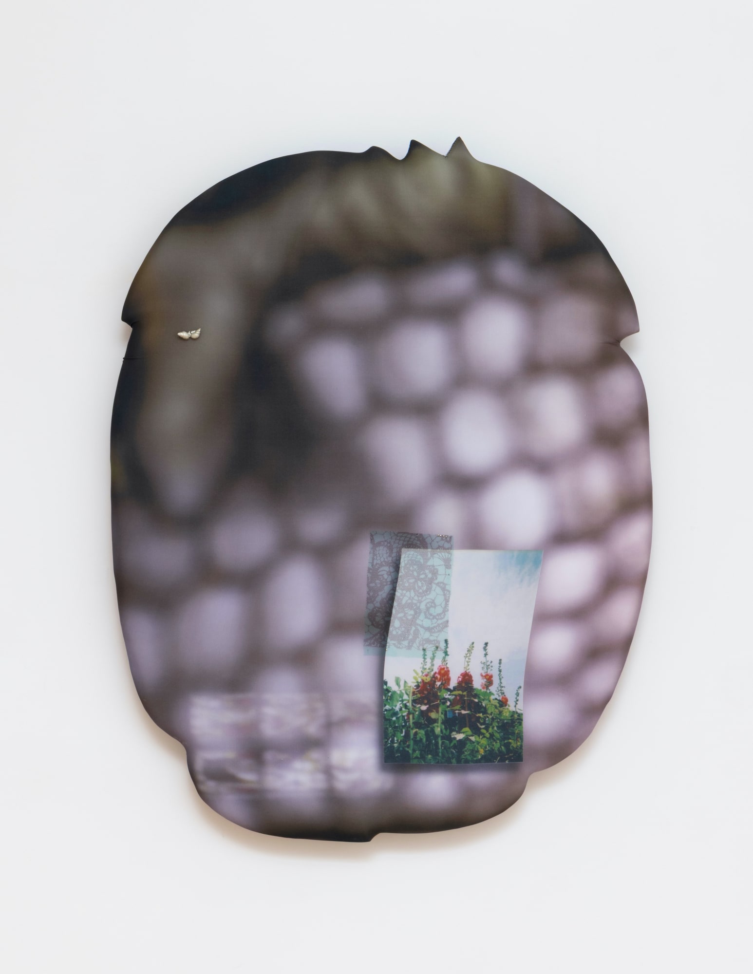 Emma Safir (b. 1990) PEEK-A-BOO X BRASS RING, 2025 Digitally printed silk, pewter, silk screened tulle, mirrored glass beads, reflective thread, neoprene, ochre oxide pigment 33.5 x 26 x 2 inches 85 x 66 x 5 cm