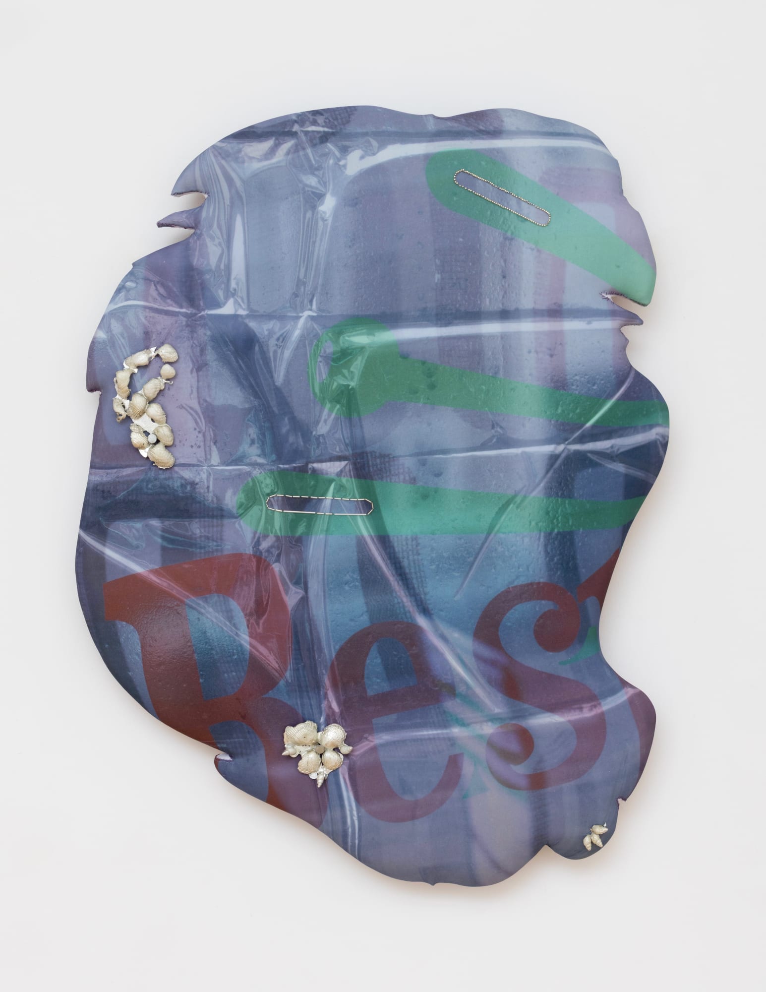Emma Safir (b. 1990) VEILCHENBLAU (VIOLET BLUE), 2025 Digitally printed silk, pewter, mirrored glass beads, reflective thread, neoprene, ochre oxide pigment 31 x 24.5 x 2 inches 78 x 62 x 5 cm