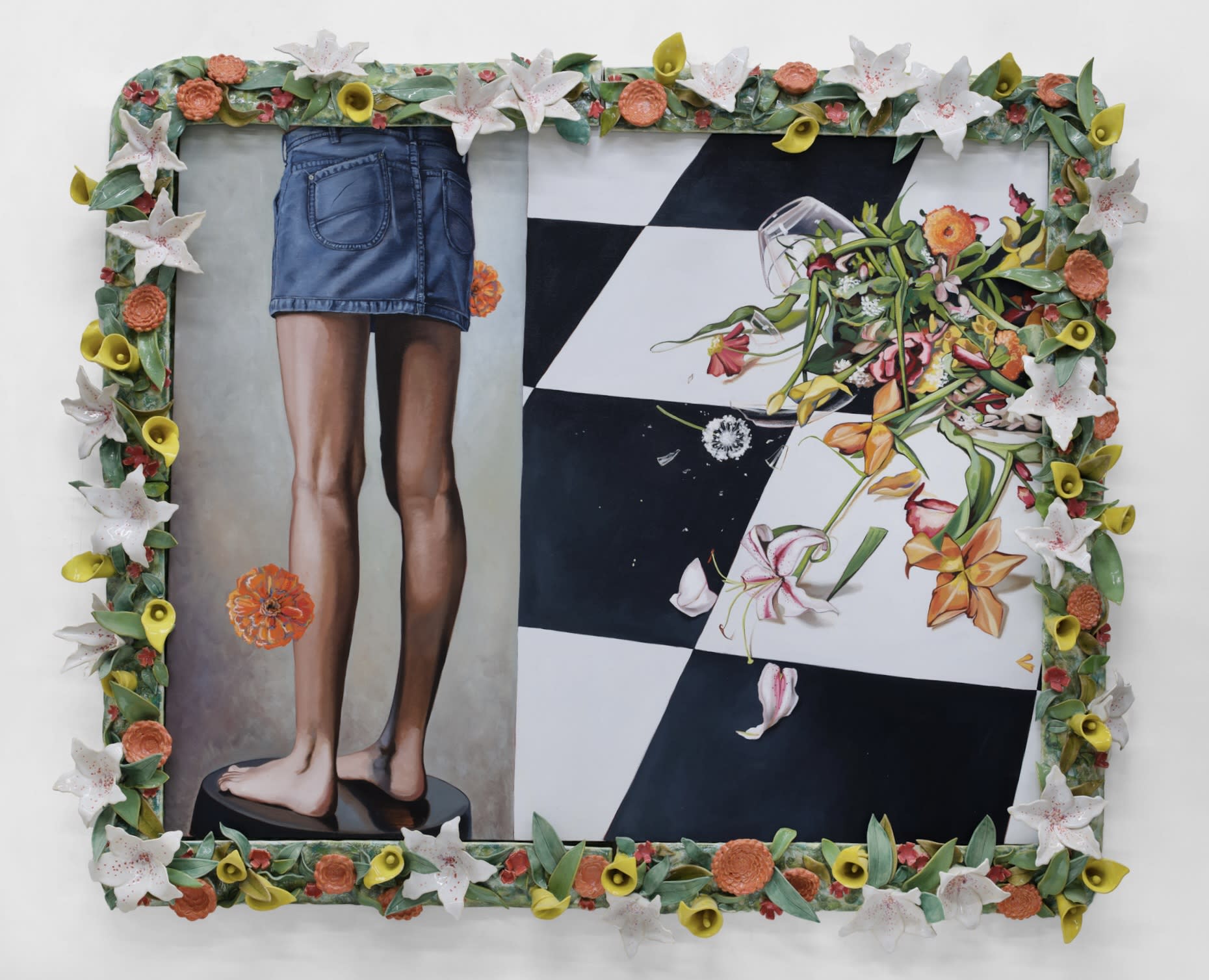 Stephanie Hier (b. 1992) It's been a good year for the undertaker, 2024 Oil on linen with glazed stoneware sculpture 45 x 55 x 7 inches 114.30 x 139.70 x 17.78 cm