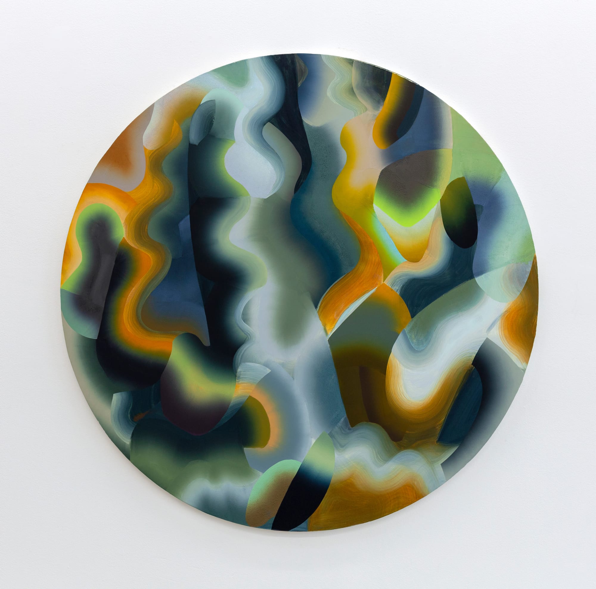 Charlotte Hallberg Déjà Deluge, 2022 Oil on canvas mounted on panel 48 inches (diameter) 121.9 cm