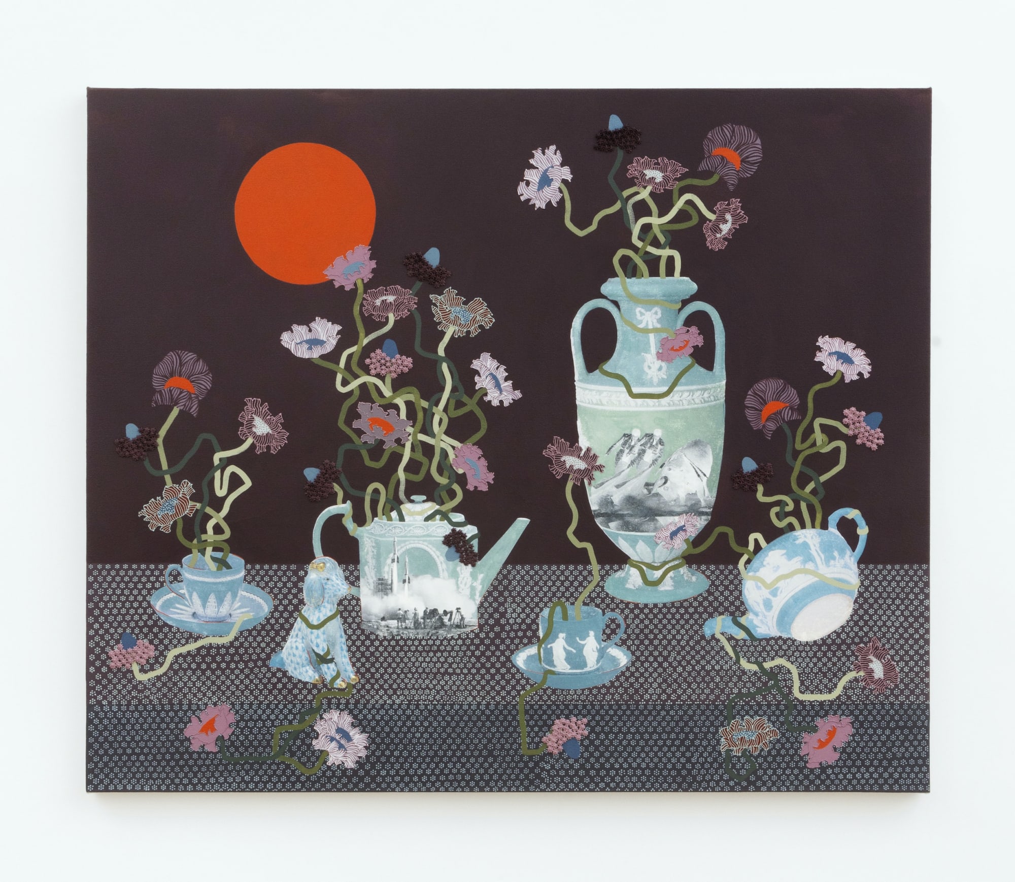 Lizzie Gill (b. 1989) Tea For Two (Avec Le Caniche), 2025 Acrylic, image transfer and marble dust emulsion on canvas 40 x 48 inches 101.6 x 121.9 cm