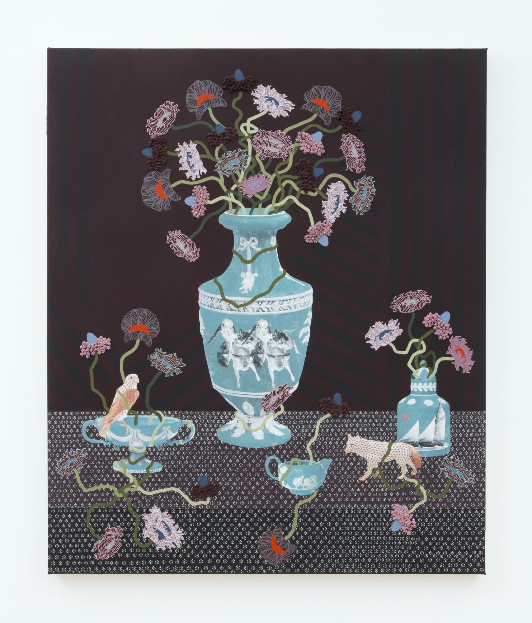 Lizzie Gill (b. 1989) Still Life With Four Cerulean Vessels, 2025 Acrylic, image transfer and marble dust emulsion on canvas 48 x 40 inches 121 x 101 cm