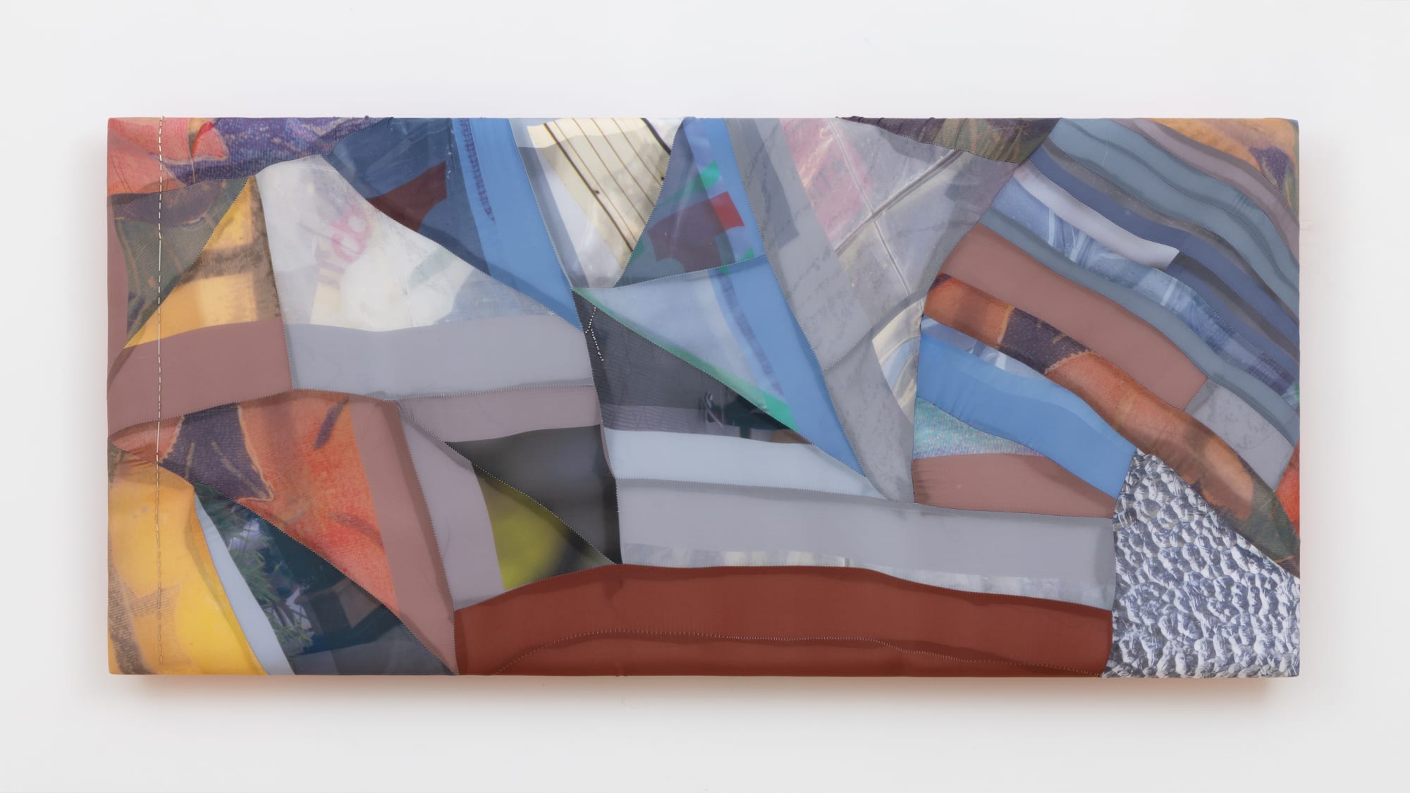 Emma Safir (b. 1990) Murex Pastiche, 2025 Digitally printed silk, pewter, mirrored glass beads, reflective thread, neoprene, flashe 23 x 49 x 2 inches 58 x 124 x 5 cm
