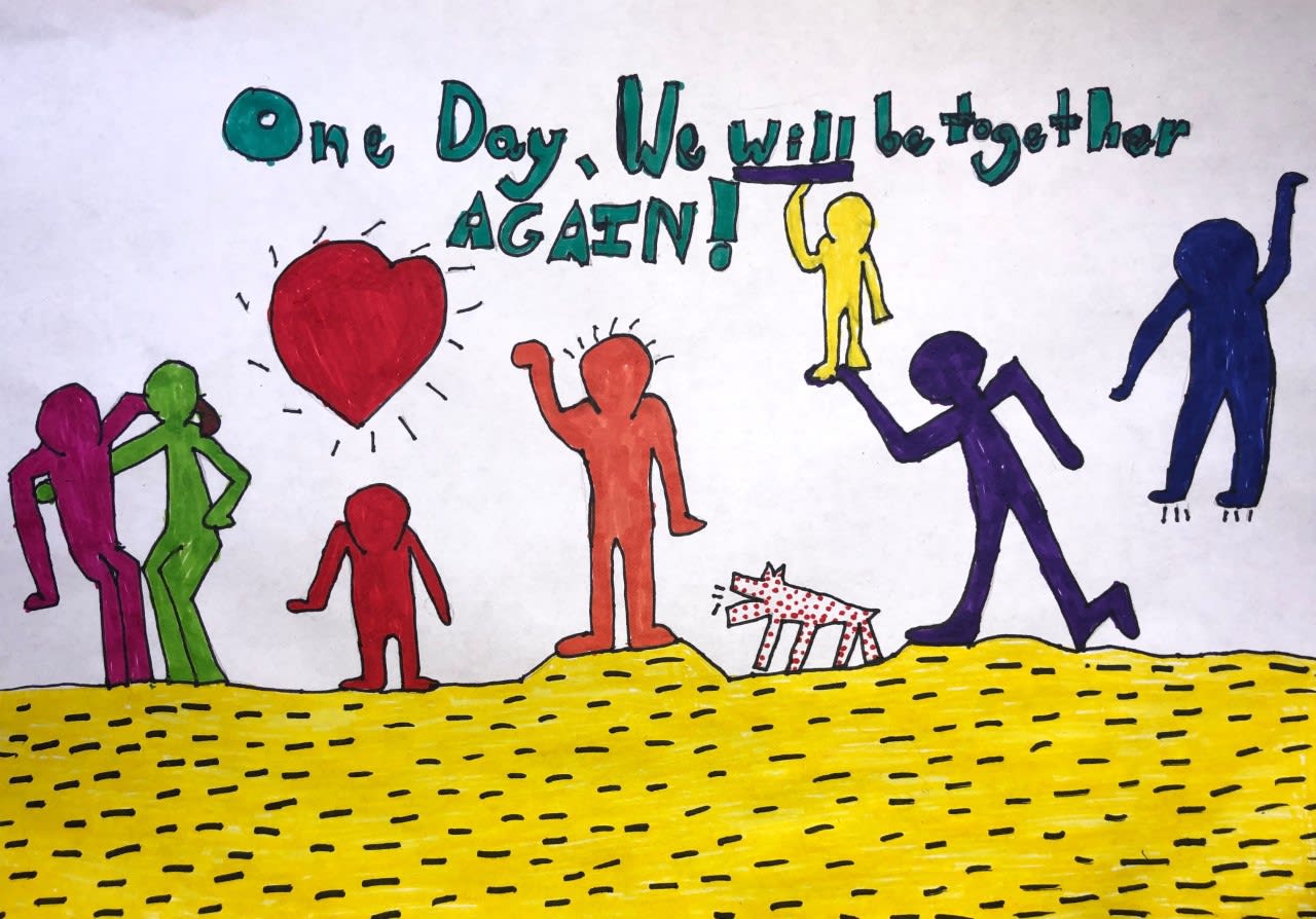 Ava Saunders, age 11 Inspired by Keith Haring and illustrates hope to have an end to social distancing.