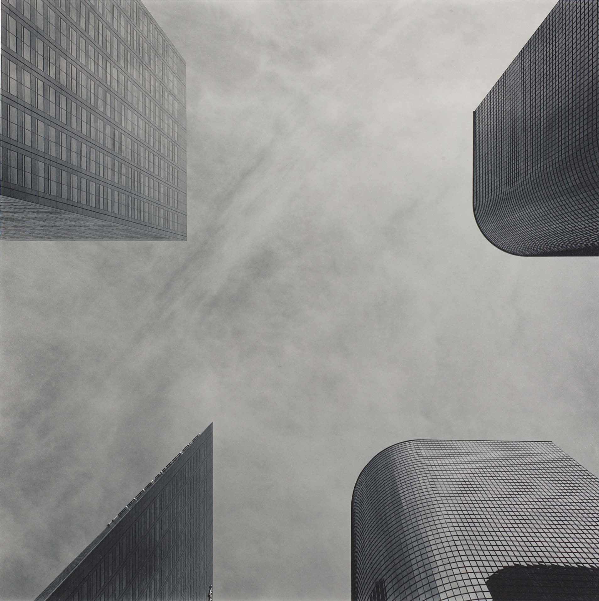 view of four skyscrapers in Los Angeles that make up square, rectangular, and geometric shapes in abstract study
