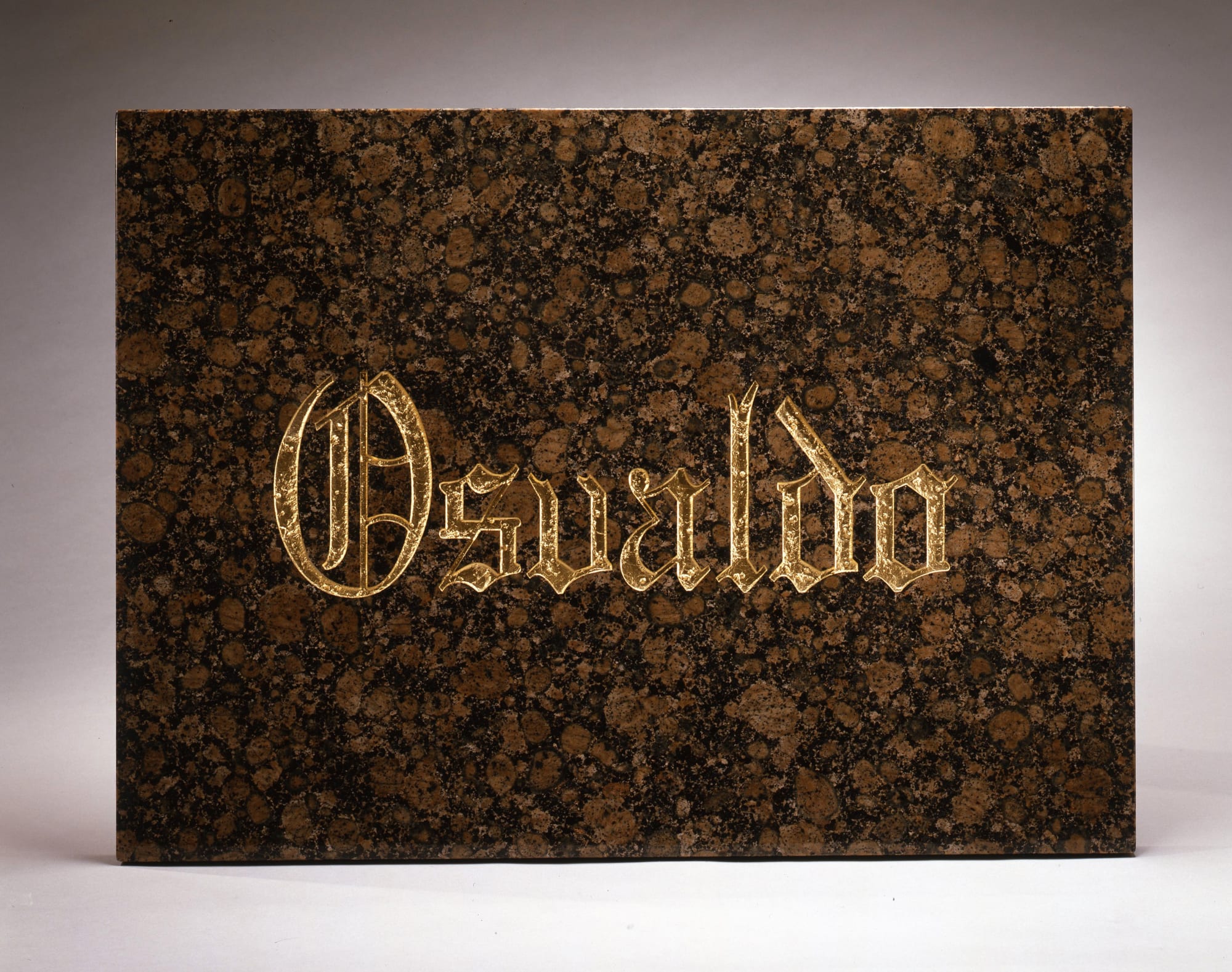 Osvald Apostol, 2005, 20 x 30 x 1 1/4 in Etched Baltic Brown granite and gold paint