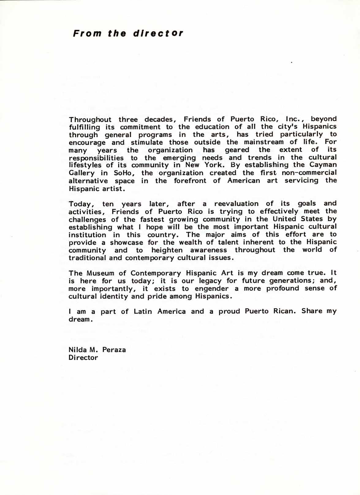 Musuem of Contemporary Hispanic Art (MoCHA) Inaguration Letter, Letter from then-Director Nilda M.Peraza, 1985