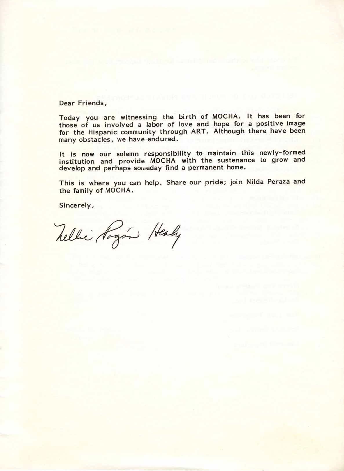 Musuem of Contemporary Hispanic Art (MoCHA) Inaguration Letter, Letter from Nellie Pogón Healy, 1985