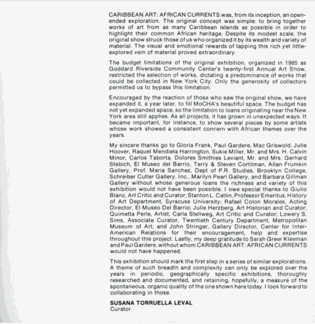 Letter from Curator Susana Torruella Leval, Caribbean Art / African Currents, Museum of Contemporary Hispanic Art (MoCHA), April 17 - May 25, 1986