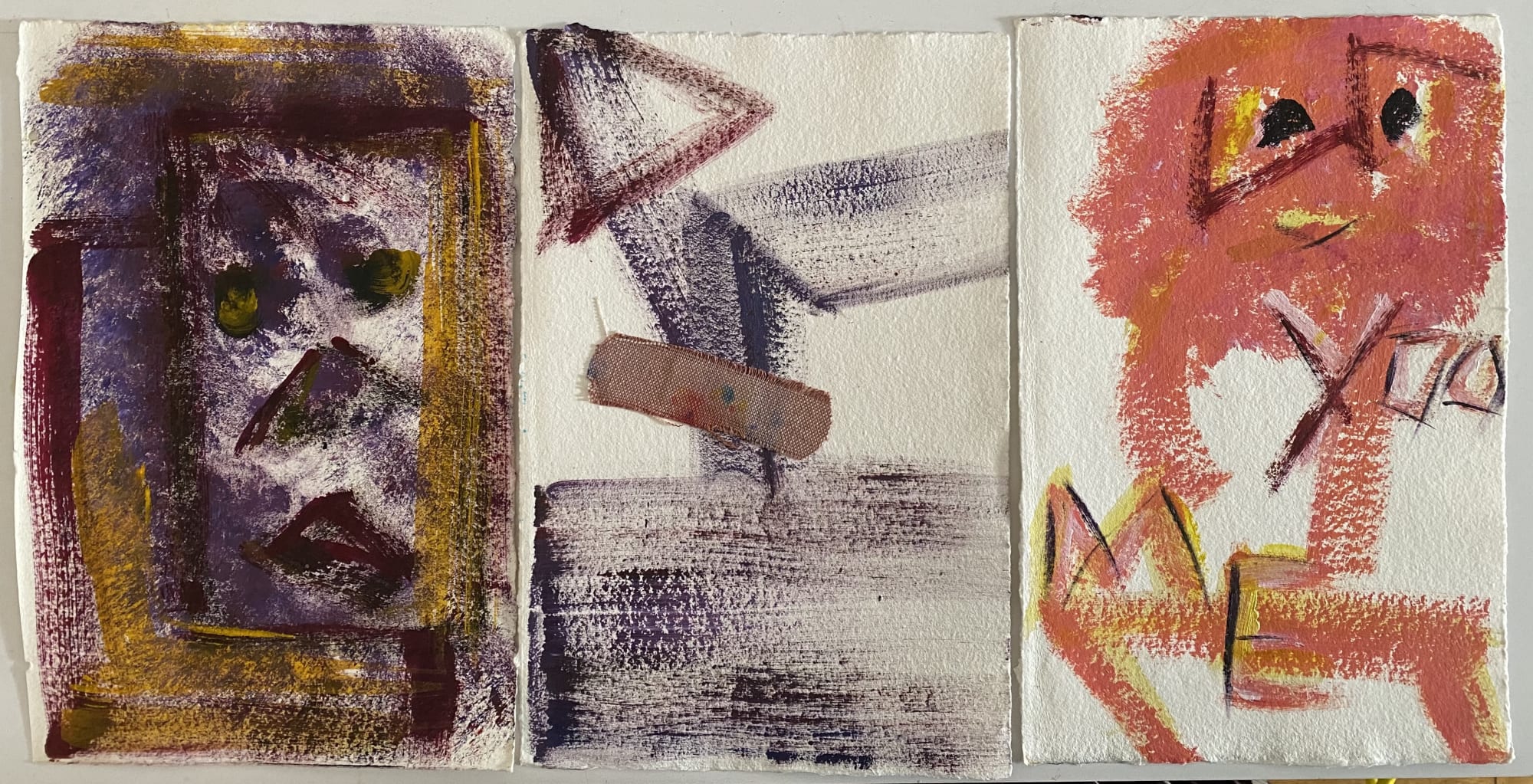 Marcia Grostein, Pandemic Trilogy (triptych), 2020, Oil and band-aid on handmade paper, 10 x 19.5 in
