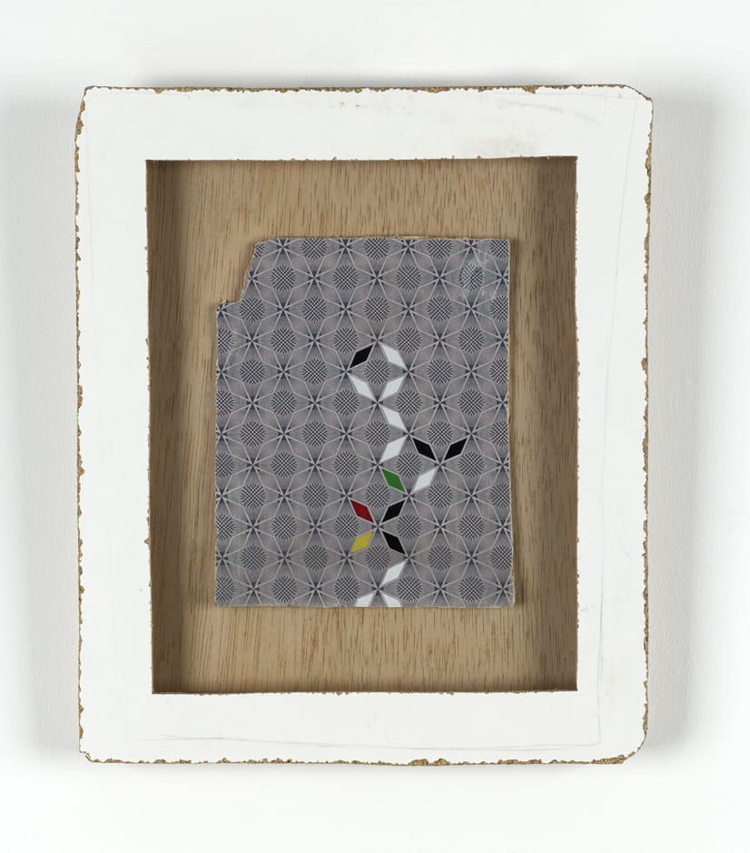 Fraction 2008 found laminate, electrical tape, found timber 37 x 31 cm