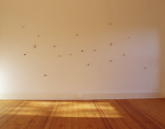 Voewood [18 part installation] 2004 sunlight on wood with mapping pins various