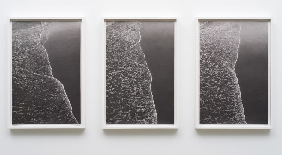 Richard Forster Incoming seas' edge on three consecutive occasions at random time intervals, Saltburn Jan 3, 2016, 11:18 - 11:20 am, 2016 Graphite and acrylic medium on Fabriano Artistico paper (three parts) 45.5 x 30.3 cm page size (each part)