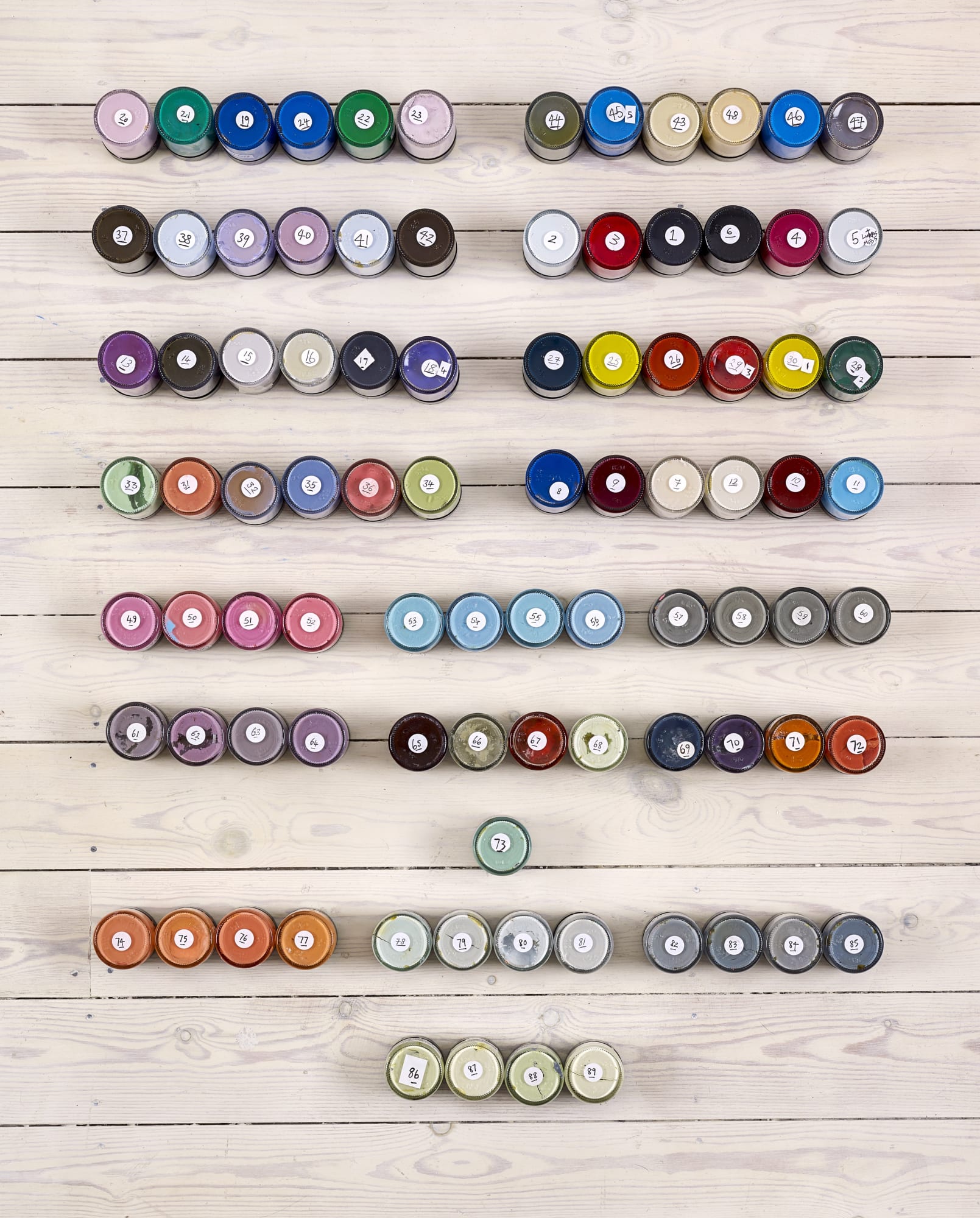 Paint colours prepared for Fluctuations in Elliptical Form (IV), 2017-19