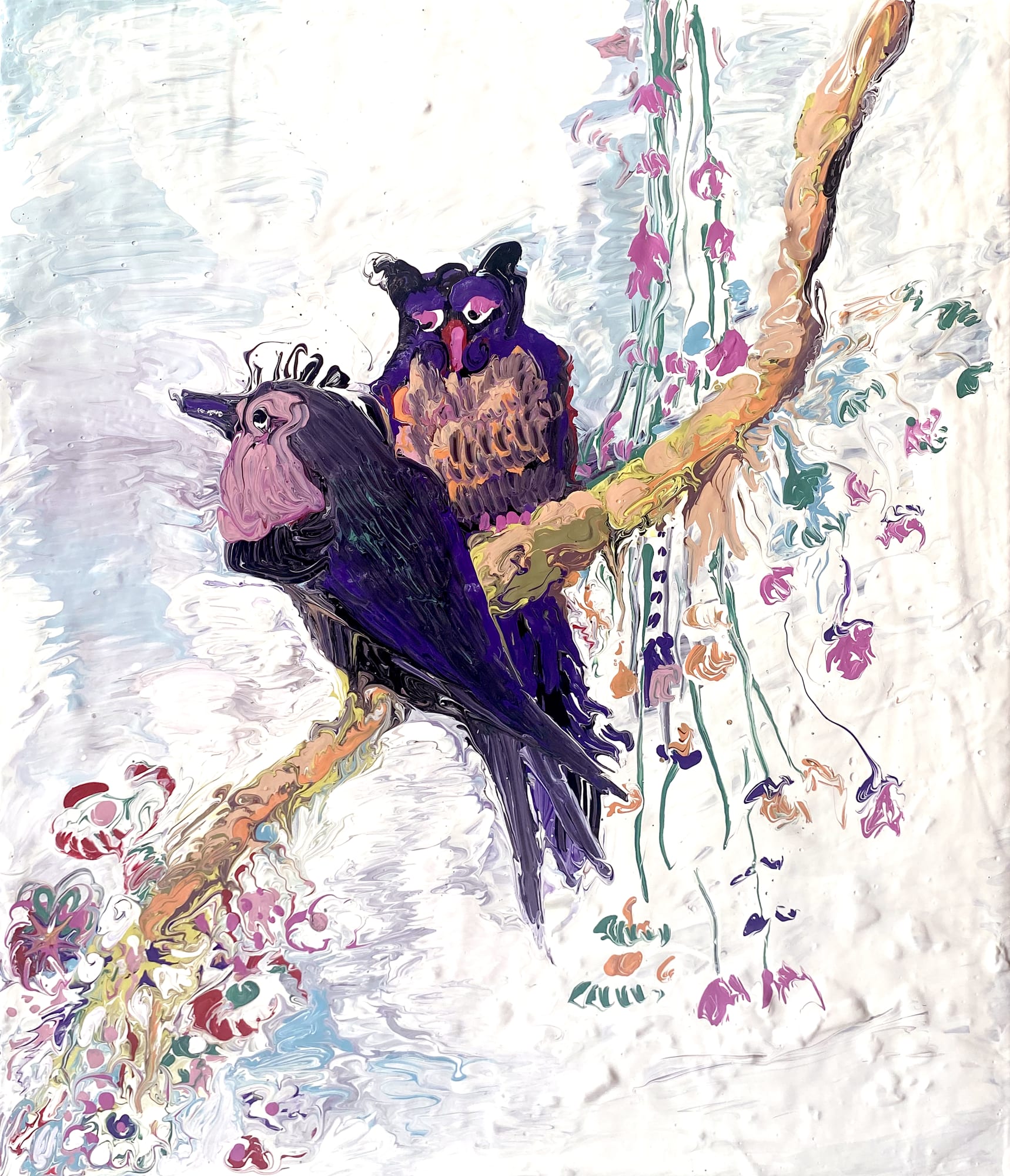 Ardi Gunawan, Kinda Like (twin bird with cherry blossom but one looks like an owl, after Ohara Koson), 2024