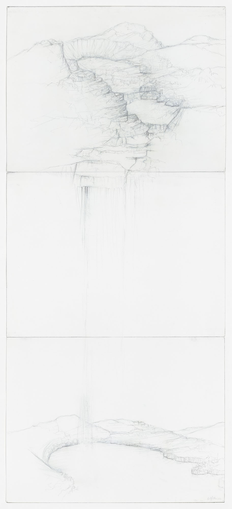 #021678 RAFFI KAISER Landscape with waterfall Silver point and pencil on paper 138 x 61cm (3 panels)