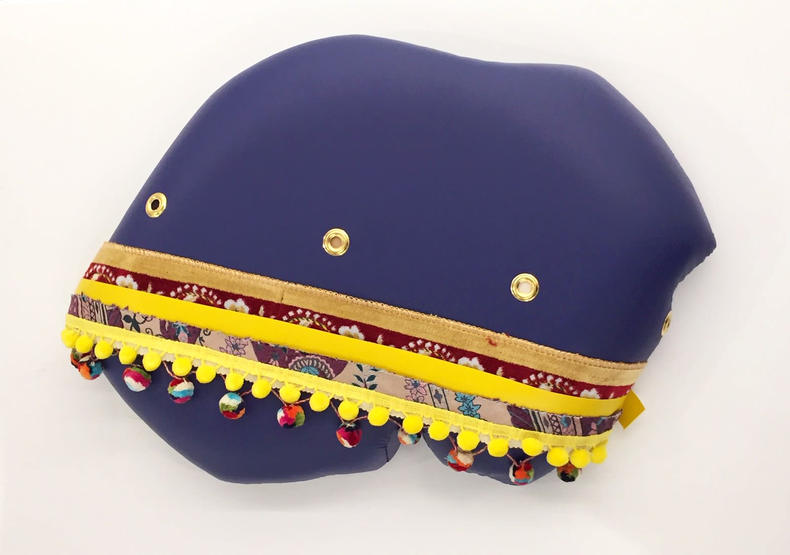 Baseera Khan Seat 23 Blue with Trimmings, 2019 pleather, trimmings, prayer rug, gold grommets 17 x 21 x 5 in.