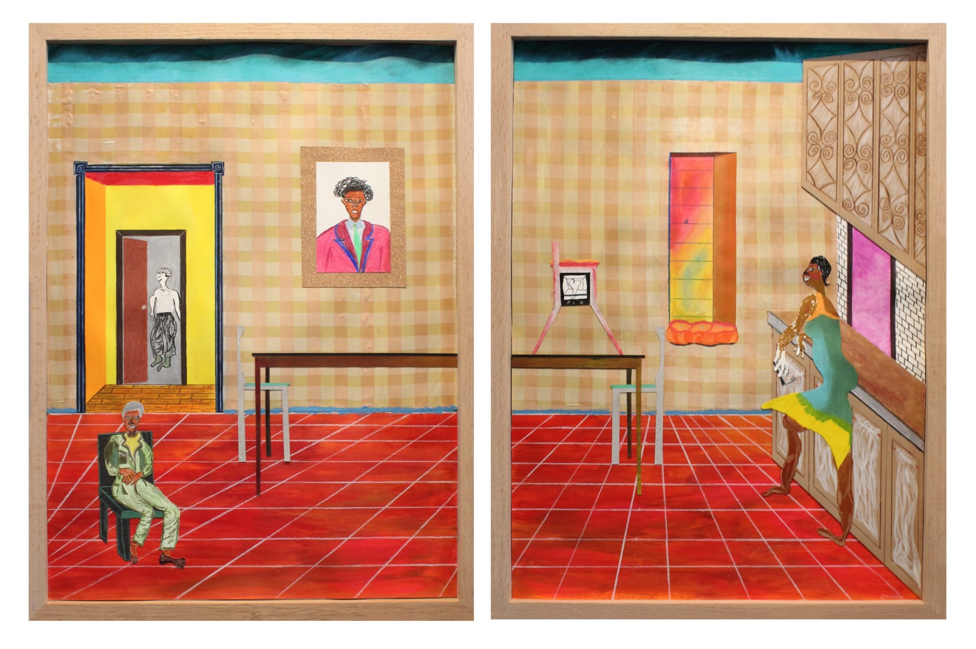Devin N. Morris Playing Roles on TV: Wife, Mother, Grandmother, 2018 acrylic, colored paper, colored pencil, oil pastel, silk, and leather on paper diptych: each 30 x 22 in.