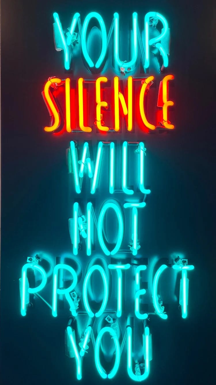Lola Flash Your Silence Will Not Protect You, 2023 signed on authenticity placard provided by artist neon mounted on reflective black metal panel 36 x 19 1/2 x 5 1/4 in