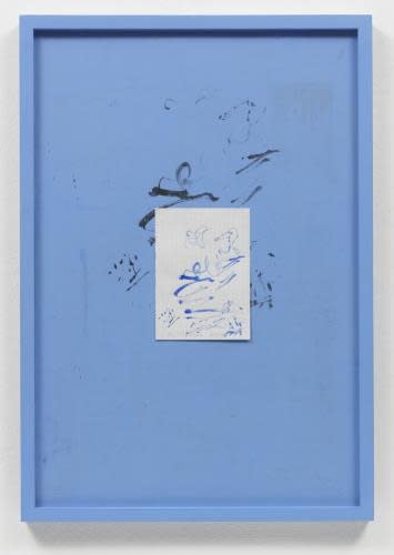 Aribert von Ostrowski Bleu 1-9 (5) 2009/2011 Plaka casein on wooden frame, UV 100, watercolor on gridded paper (5/20/09), black-and-white copy, and Plaka casein on newspaper page on museum board 53.1x37.2x2.5cm Courtesy of Galerie Christine Mayer, Munich