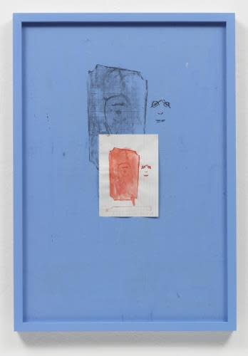 Aribert von Ostrowski Bleu 1-9 (2) 2009/2011 Plaka casein on wooden frame, UV 100, watercolor on gridded paper (5/20/09), black-and-white copy, and Plaka casein on newspaper page on museum board 53.1x37.2x2.5cm Courtesy of Galerie Christine Mayer, Munich