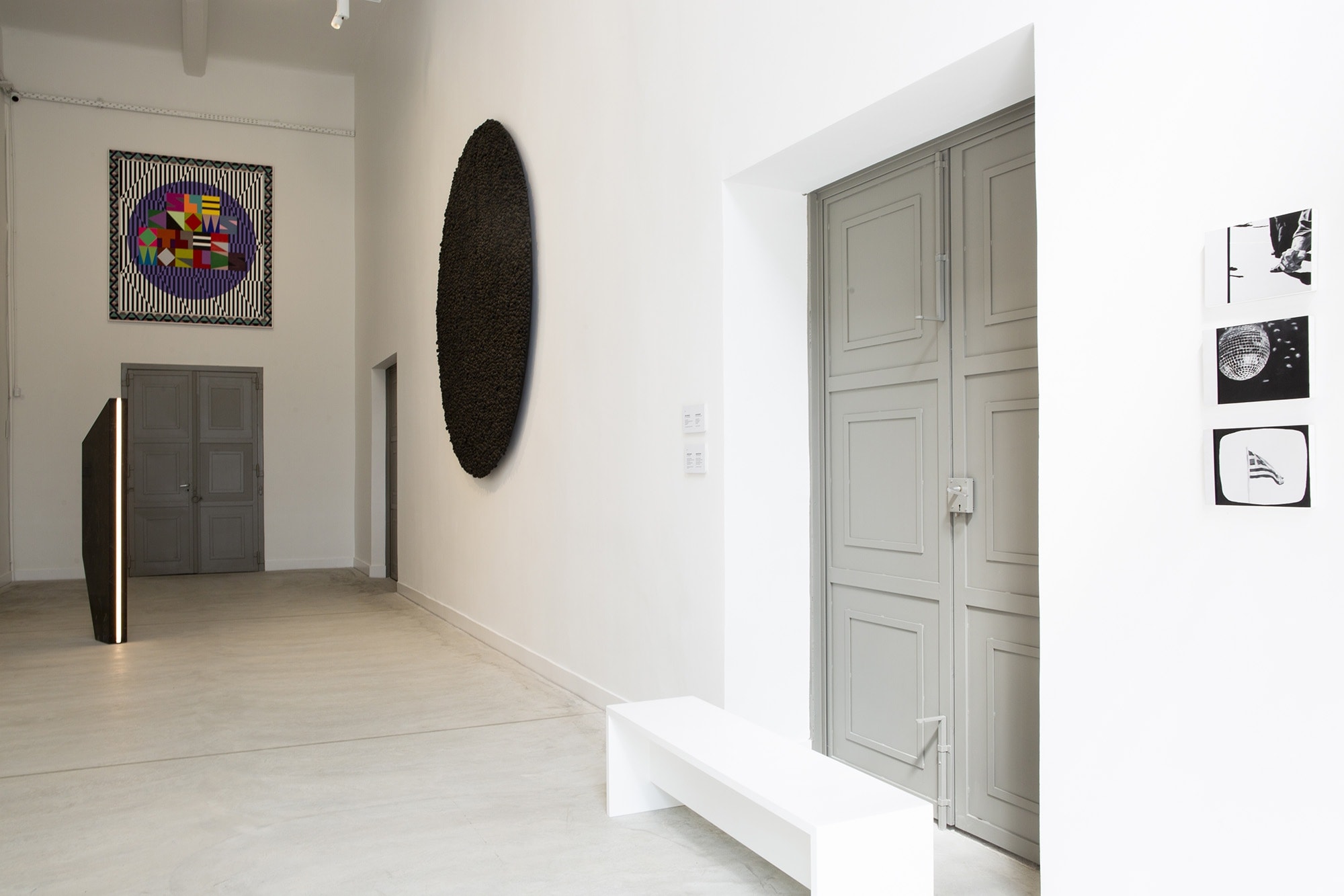 Installation View Portals, Hellenic Parliament + NEON at the former Public Tobacco Factory, Photograph © Natalia Tsoukala From left to right: Kapwani Kiwanga, Jeffrey Gibson, Kostas Bassanos, Eirene Efstathiou Courtesy NEON