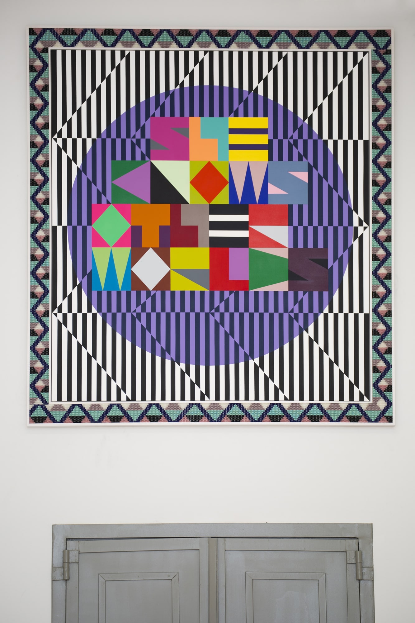 Installation View Portals, Hellenic Parliament + NEON at the former Public Tobacco Factory, Photograph © Natalia Tsoukala From left to right: Kapwani Kiwanga, Jeffrey Gibson, Kostas Bassanos, Eirene Efstathiou Courtesy NEON