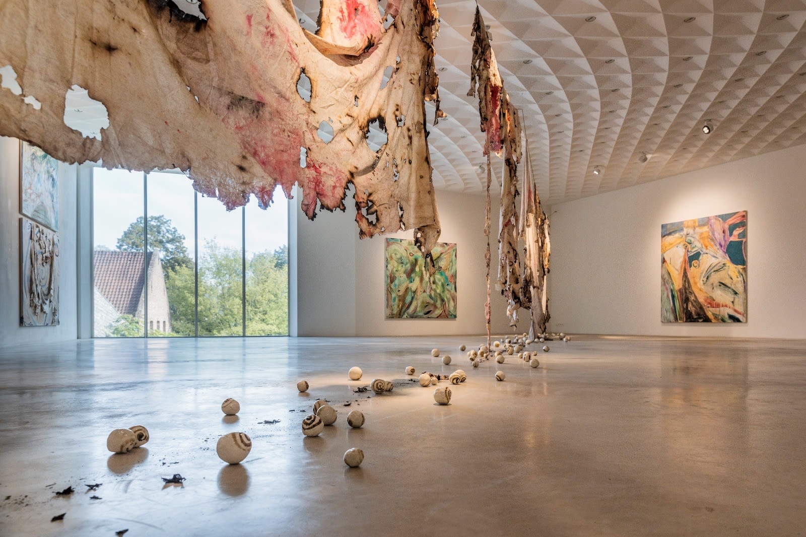 Installation view of Manuel Mathieu, selected works, 2015-2021, at Z33 House for Contemporary Art, Design & Architecture, Hasselt, Belgium. Courtesy the artist and Maruani Mercier Gallery, Belgium. Photo: Selma Gurbuz.