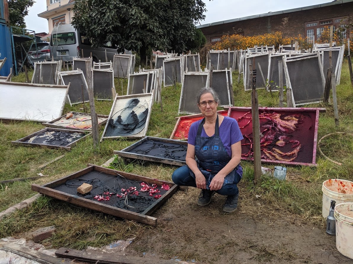Jessica Stockholder during her recent Kathmandu Projects Residency, making handmade lokta paper pieces at a facility on a hillside overlooking Kathmandu, Nepal, 2019