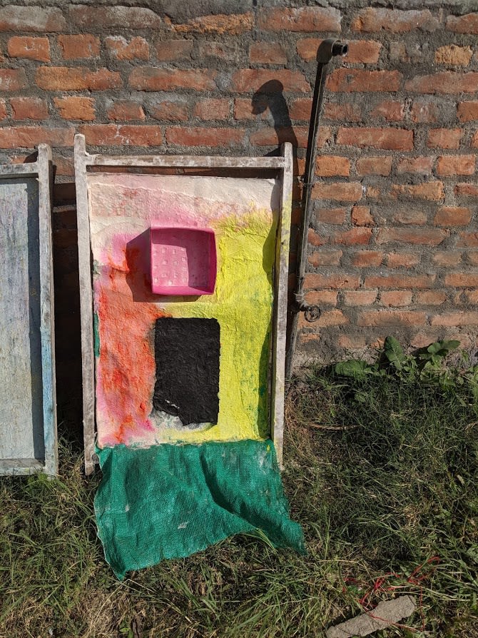 Jessica Stockholder’s layered paper pieces in progress, 2019