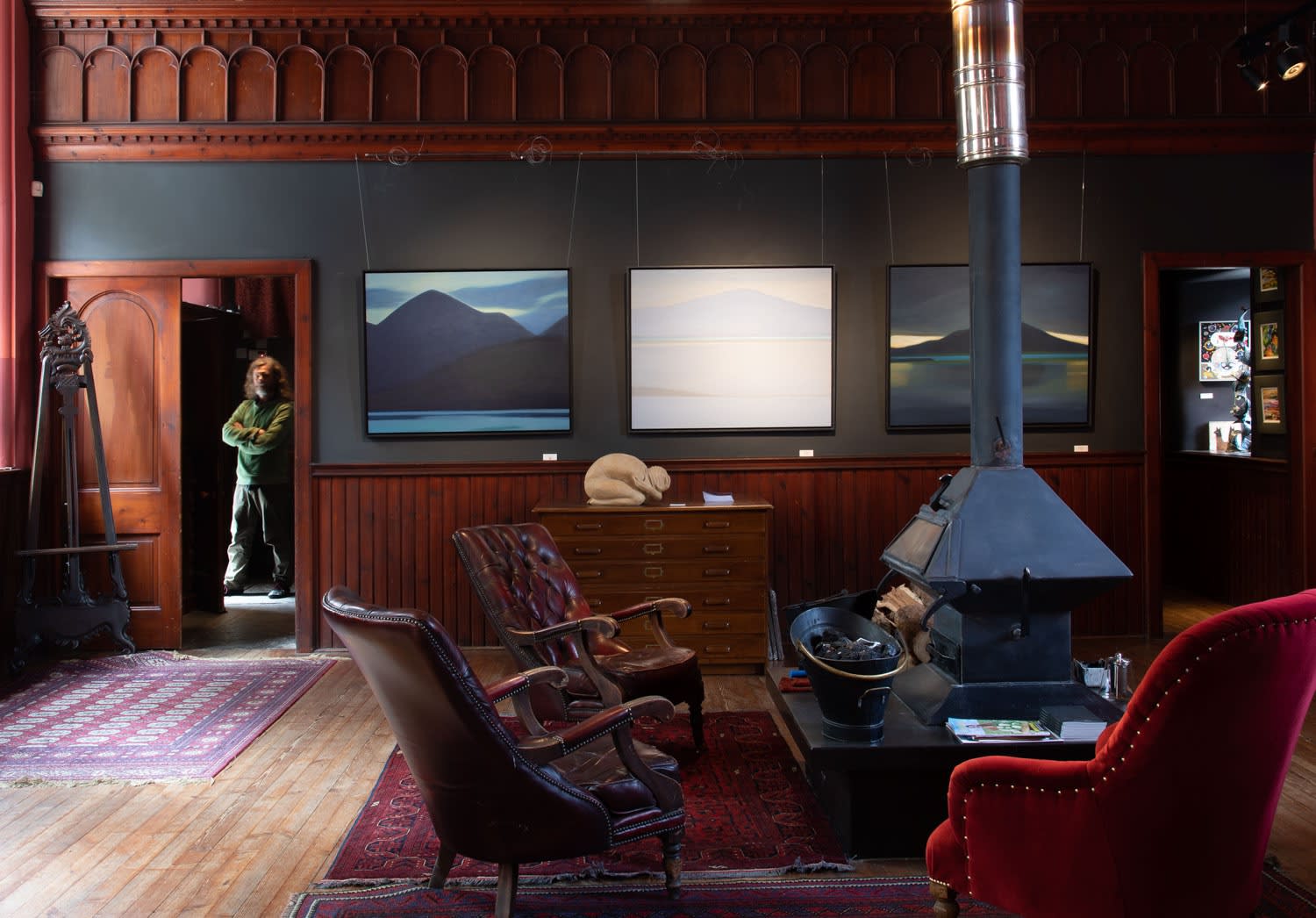 Three large Jane MacNeill paintings, looking towards the main door. Kilmorack Gallery, August 2022