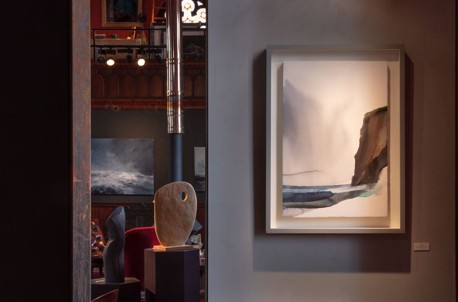 'Da Bank' by Peter Davis and looking through to Kilmorack Gallery's fireside. May2023