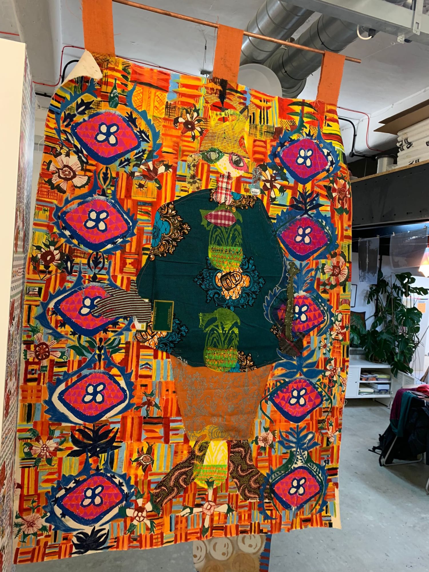 Abi Ola Crowned, 2022 Oil, oil pastels, fabric, and screen print on canvas 200 x 100cm