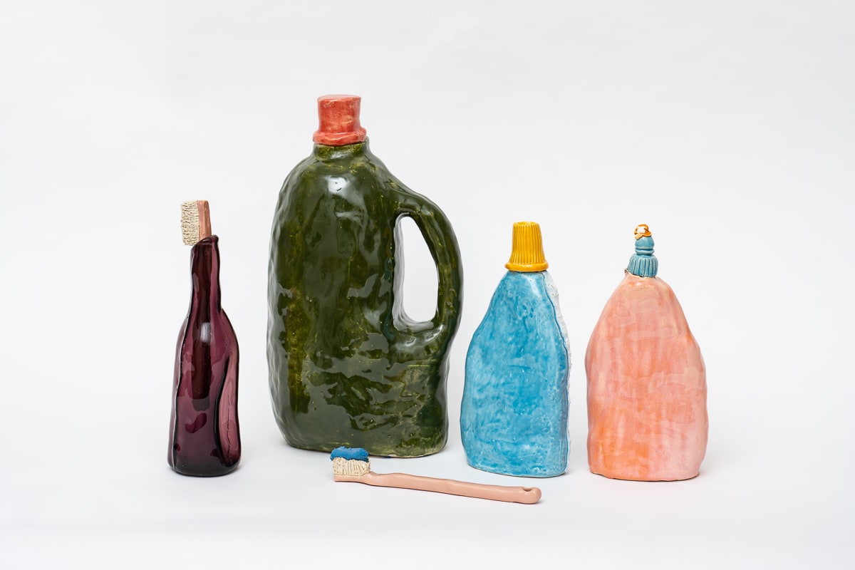 Koos Buster Untitled (large green cleaning product, pink and light blue cleaning product, purple bottle and two toothbrushes, 2021 Glazed ceramic