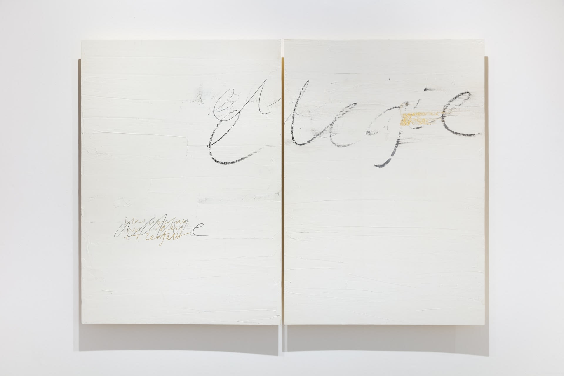 Edmund de Waal Elegie, 2020 Diptych of wood panels in oak and ash, gilded on the reverse, with layers of liquid kaolin, gold leaf and handwritten text in graphite, gold and oil stick