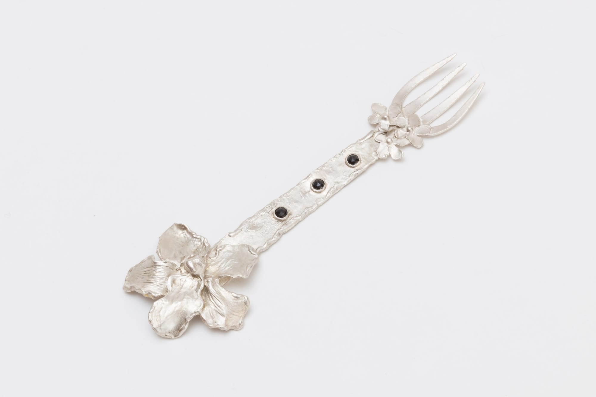 Conie Vallese Jardin Silver Big Fork with Spinels Cutlery, 2024 Silver and black diamond