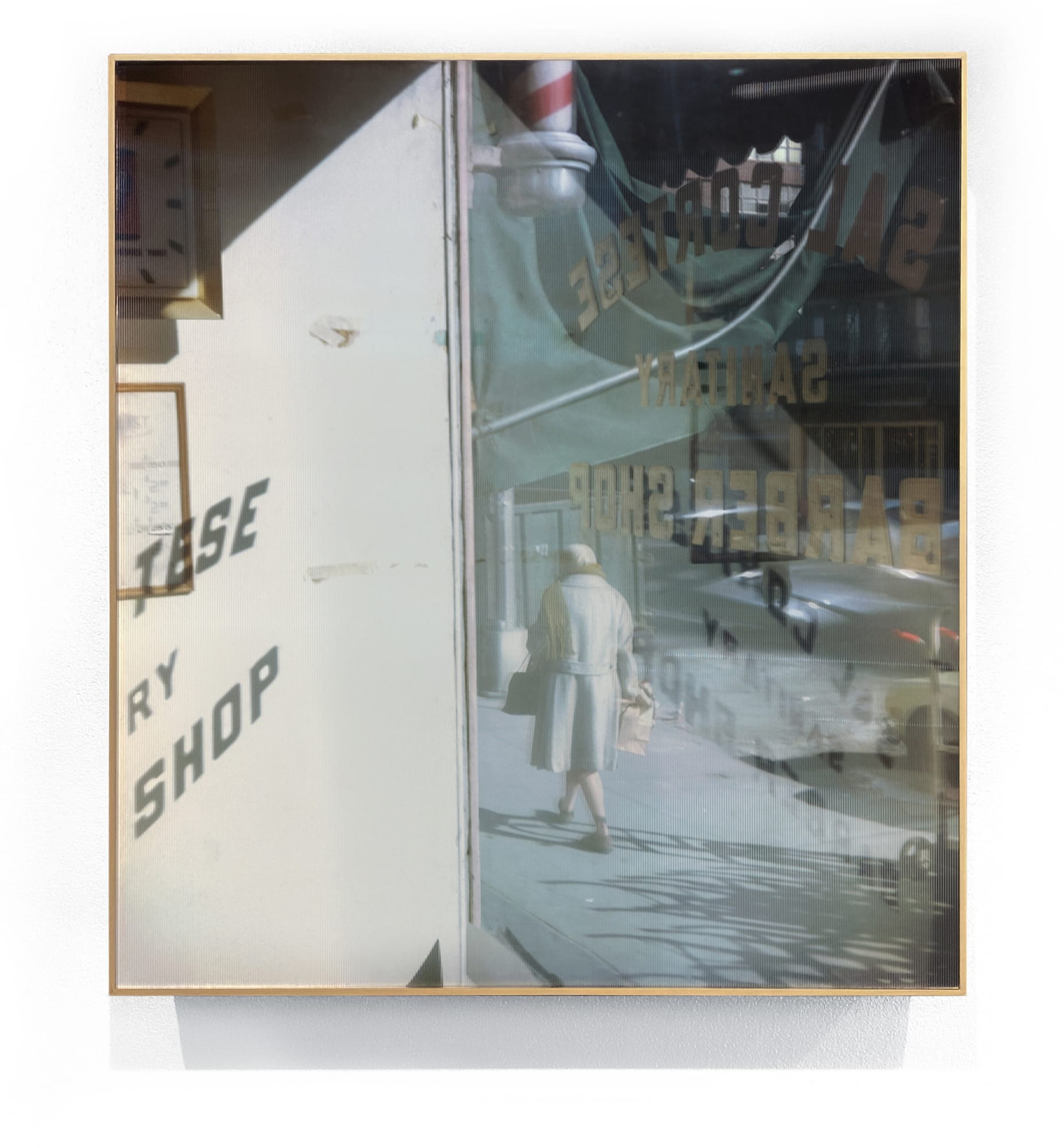 New York, New York, 1974 [Barber Shop Window], 2023 Archival pigment print, 3D lenticular lens, walnut frame 20-1/4 x 18-1/4 x 4 inches Edition of 5