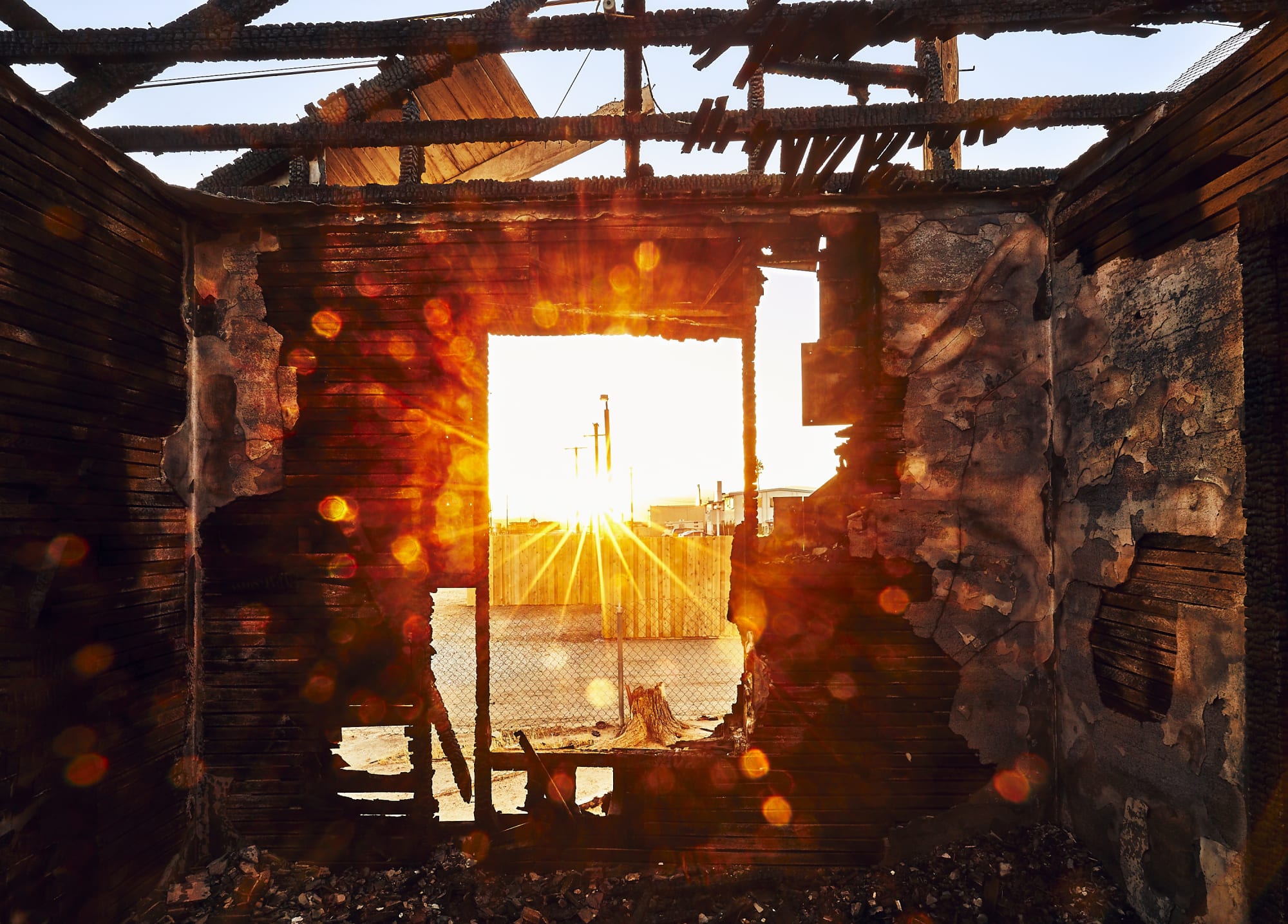 Osceola Refetoff, Charred House on Trinity Street - Sunset - Mojave, California - 2016