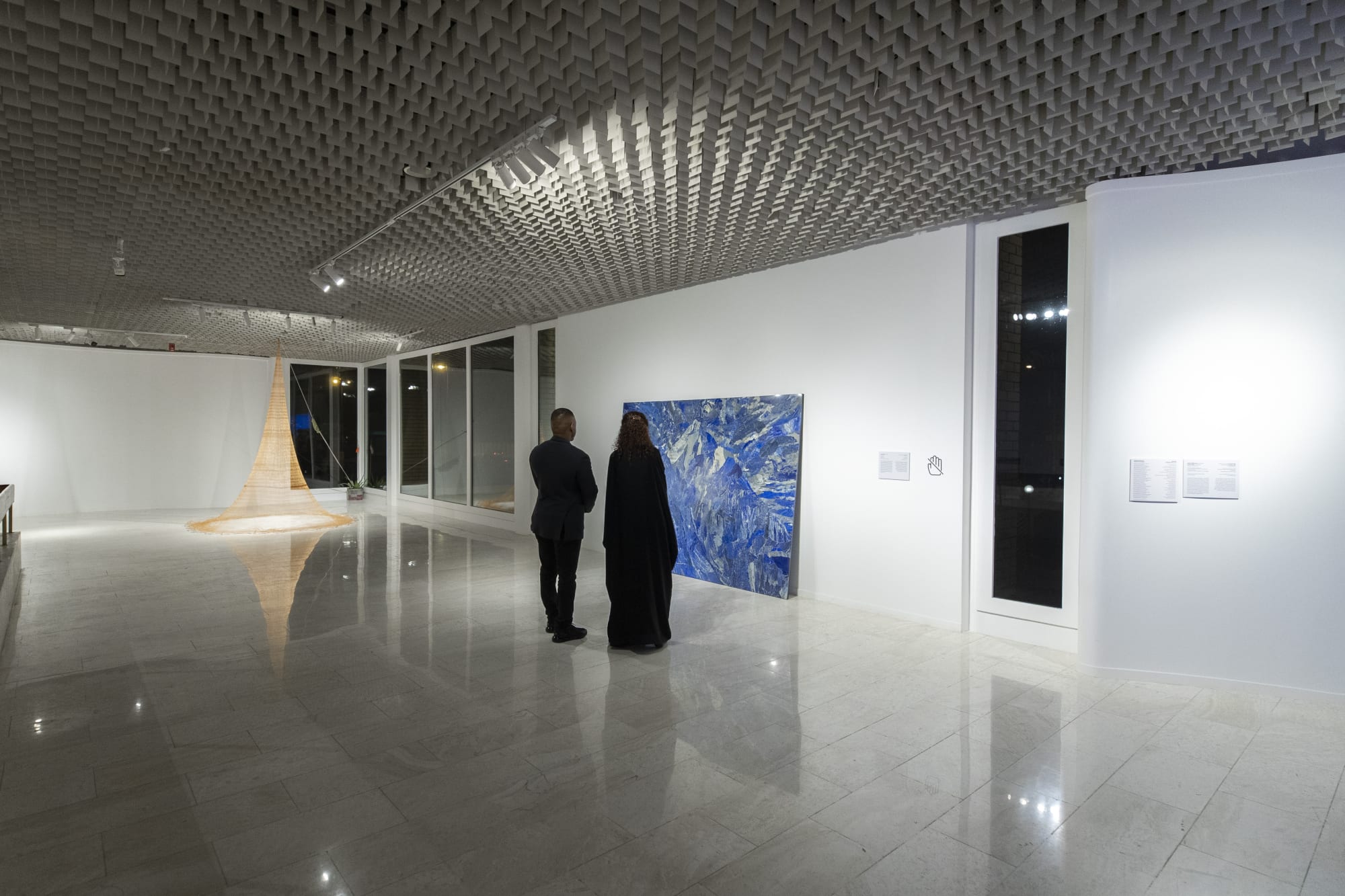 Installation view, Hamra Abbas, Mountain 1, 2022, Lapis lazuli, granite, 182.88 x 243.84 cm, 72 x 96 in. Photo: Misk Art Institute.