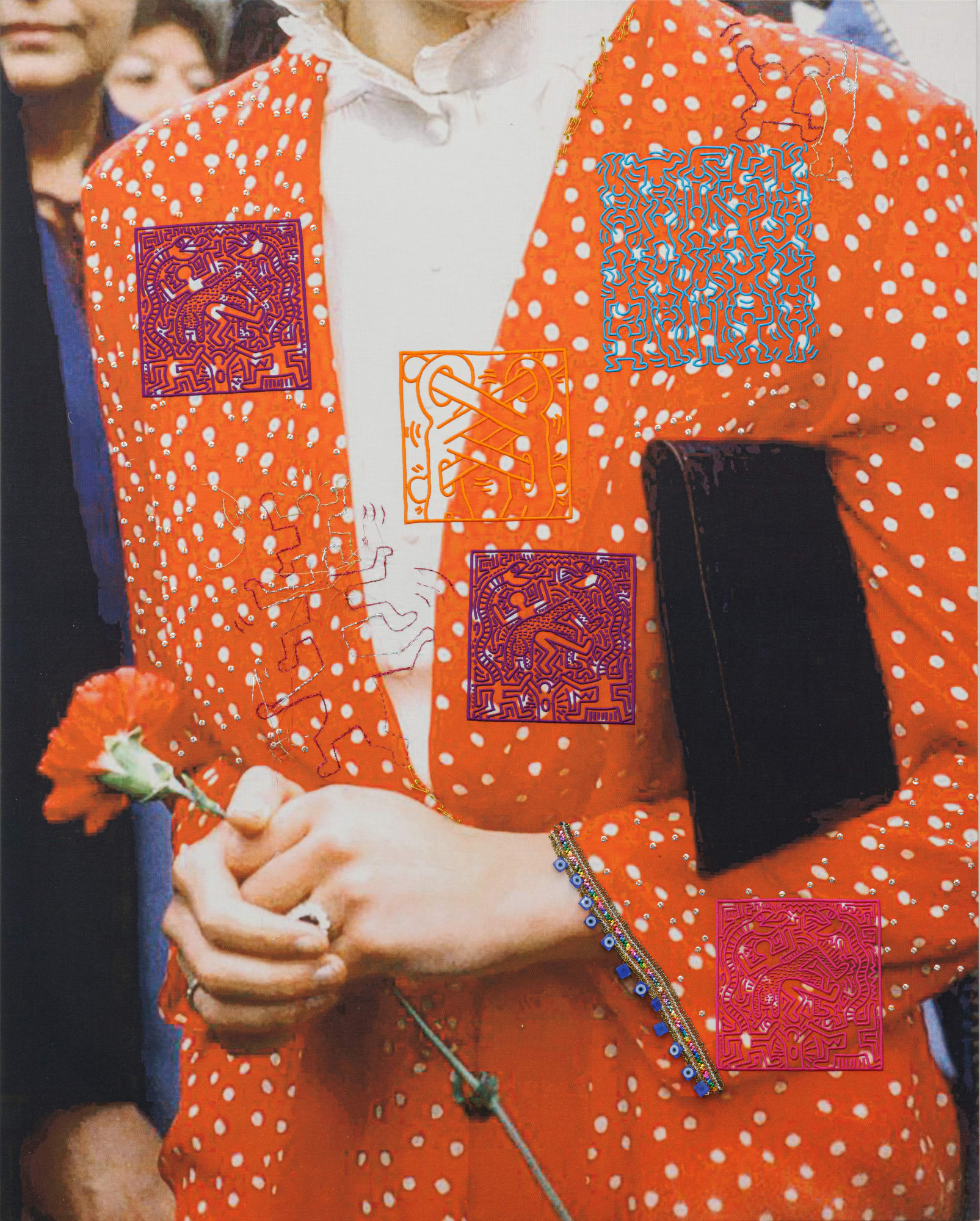 Farhad Ahrarnia And God Saved the Queen, no. 6, 2022-24 Digital print using water based pigment ink, on half Panama cotton canvas, hand embroidery using silk, cotton and metalic thread, safety pins and embellishments 122 x 98 x 2 cm