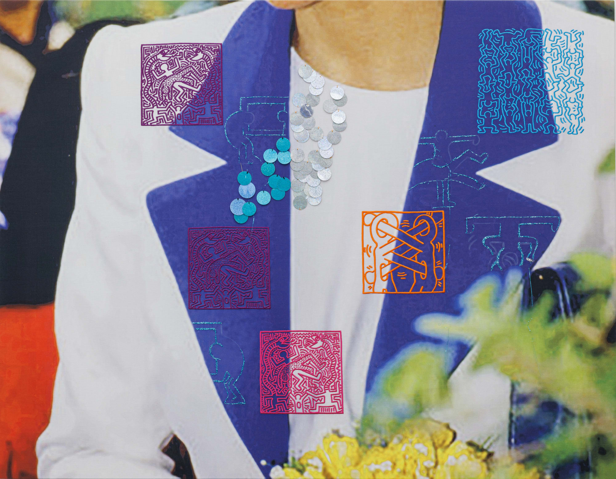 Farhad Ahrarnia And God Saved the Queen, no. 1, 2022-24 Digital print using water based pigment ink, on half Panama cotton canvas, hand embroidery using silk, cotton, metallic thread, and sequins 99 x 127 x 2 cm