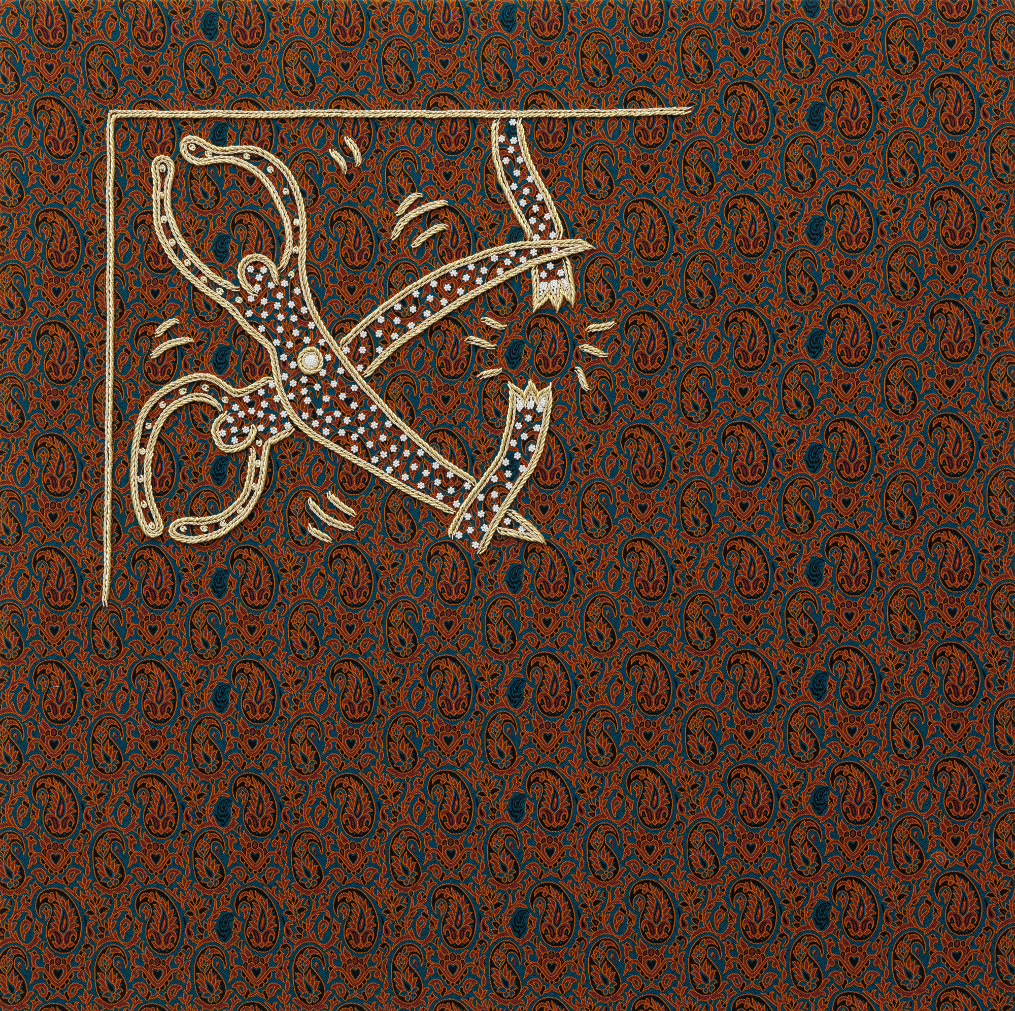 Farhad Ahrarnia Like a Prayer, no. 1, 2023-24 Sermeh-doozi, Sermeh-embroidery, imitation gold and silver threads, decorative pearls 78 x 78 x 2 cm