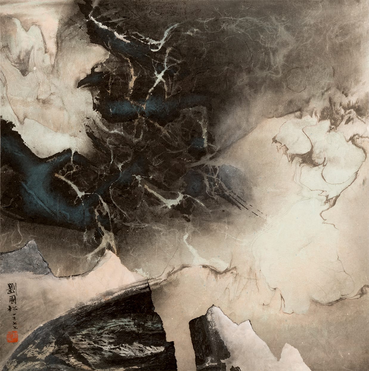 Deep in the Verdant Twilight 幽邃圖 1977 Ink and color with collage on paper 57.6 × 57 cm – In Overturn the Centre, 12