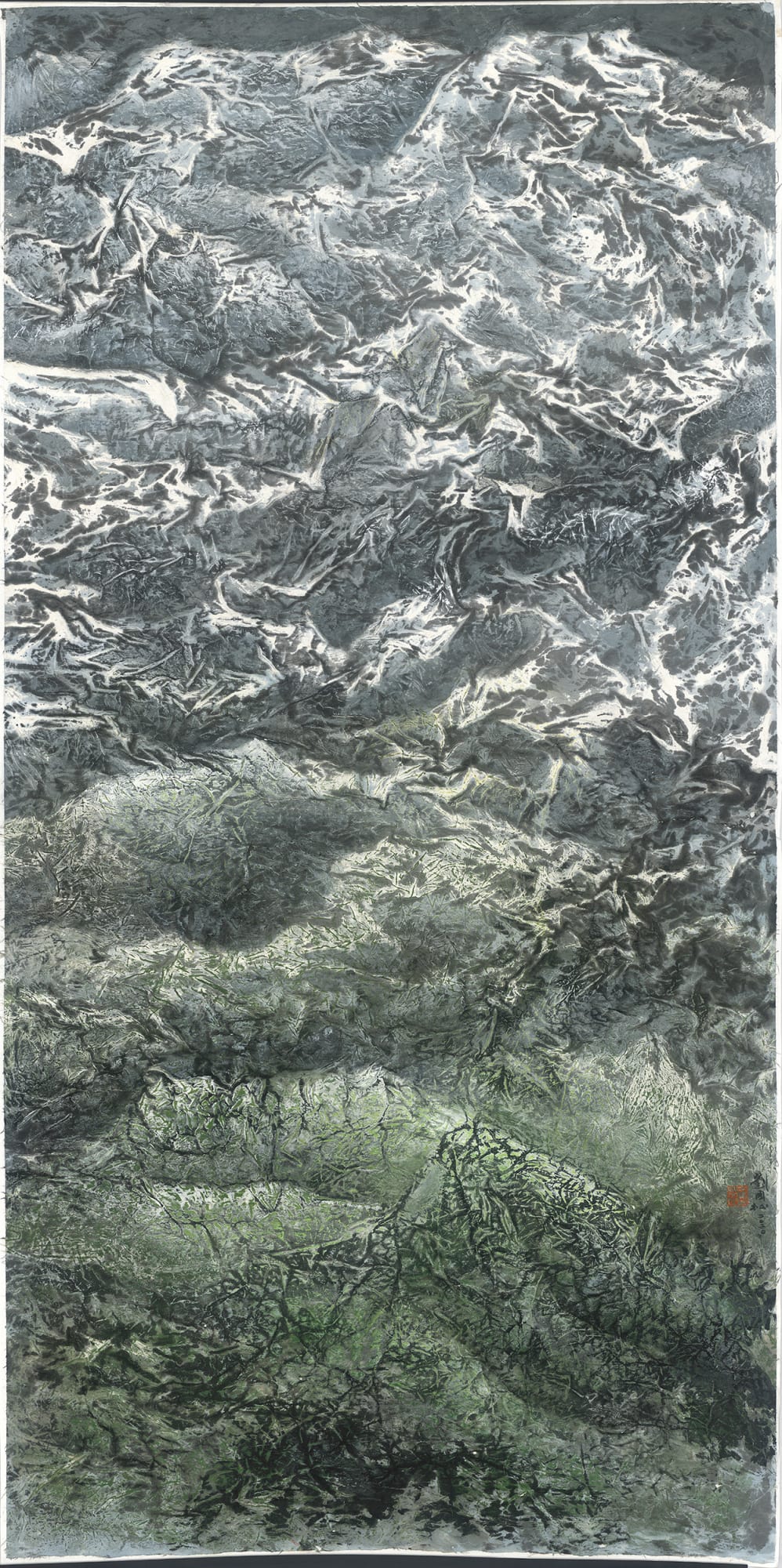 Spring Snow on Undulating Peaks 跳動山峰春後雪 2020 Ink and color on paper 189.2 × 94.2 cm – In Overturn the Centre, 287