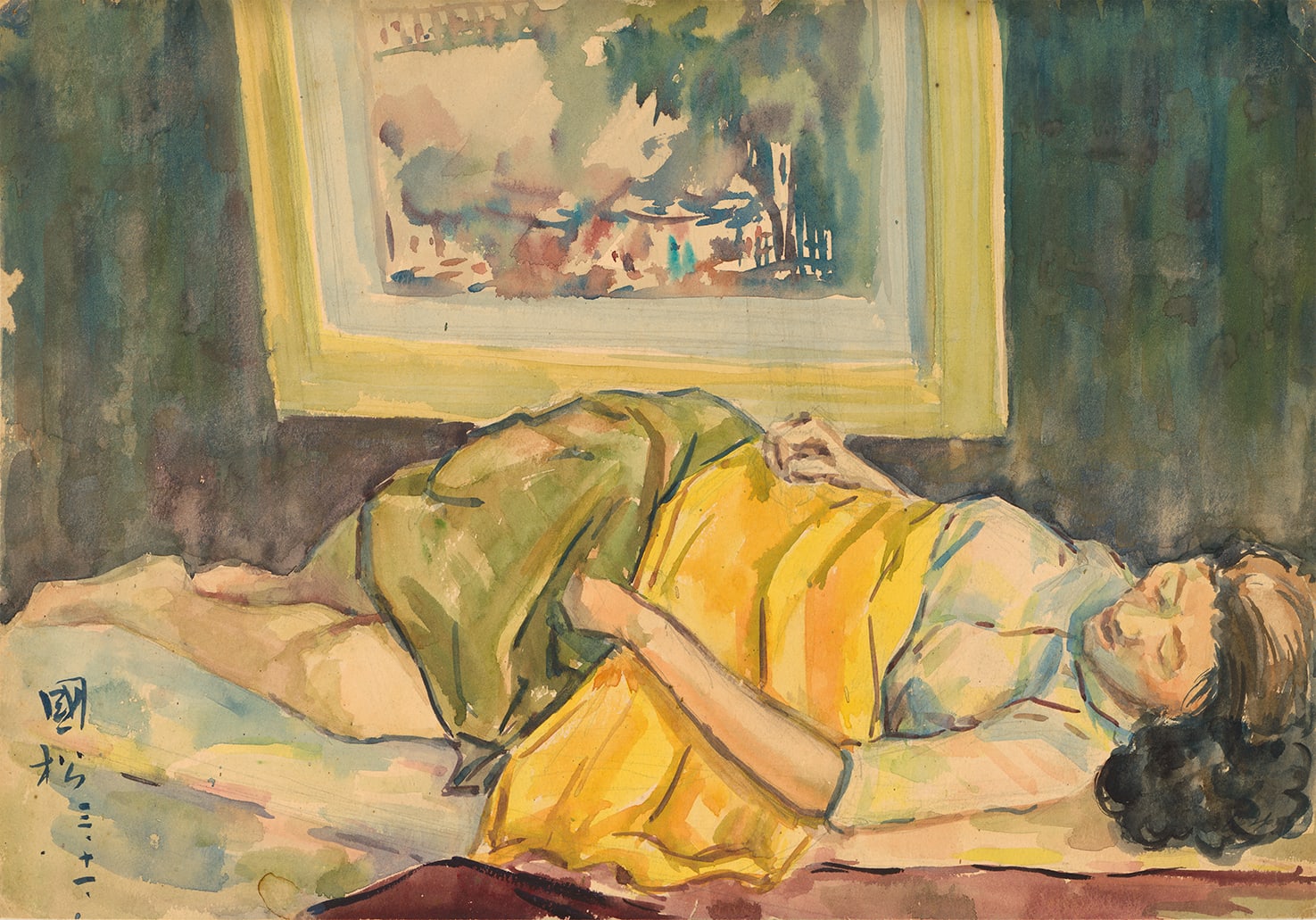 Woman Lying on the Bed 臥婦 1953 Watercolor on paper 27 × 39 cm