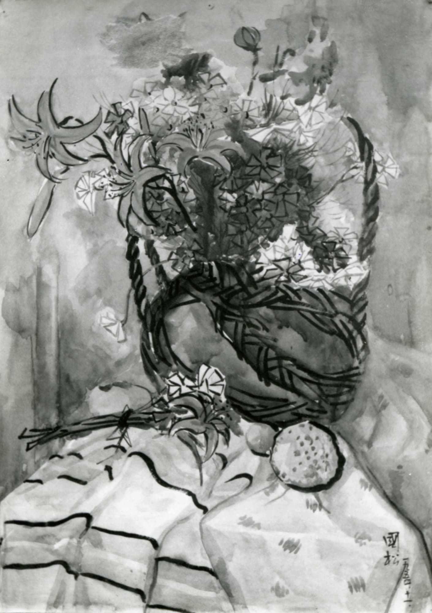 Basket of Flowers 花籃 1954 Watercolor on paper 53.5 × 38 cm – Black-and-white Photograph