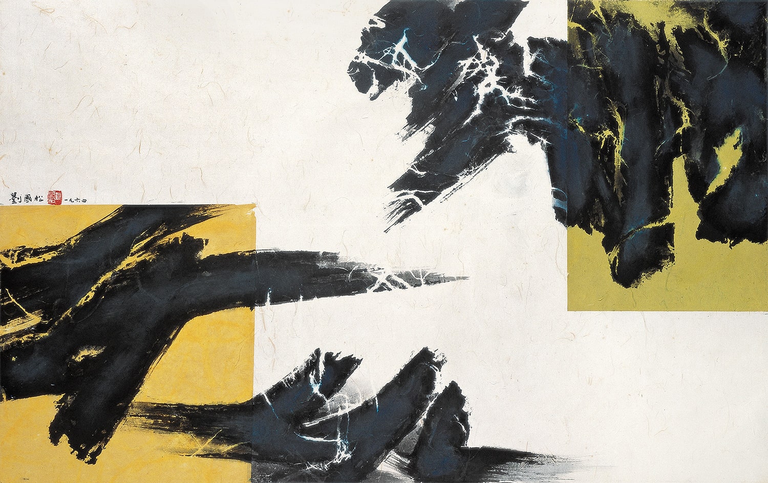 Dialogue between Planes and Lines 面與線的對話 1964 Ink and color with collage on paper 58.7 × 94.2 cm