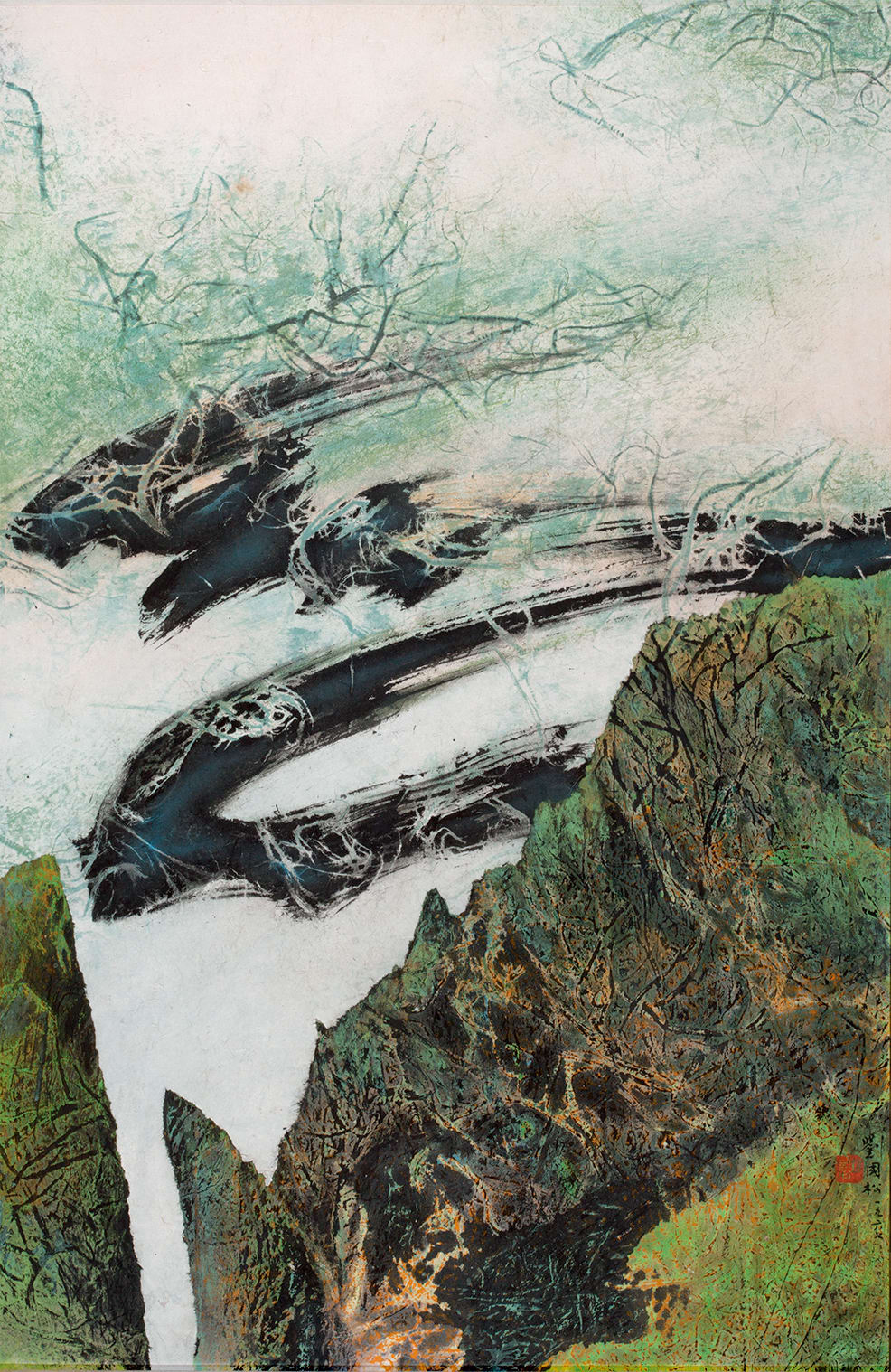 Spring Trees after Rain 雨餘春樹 1967 Ink and color with collage on paper 88 × 57.5 cm