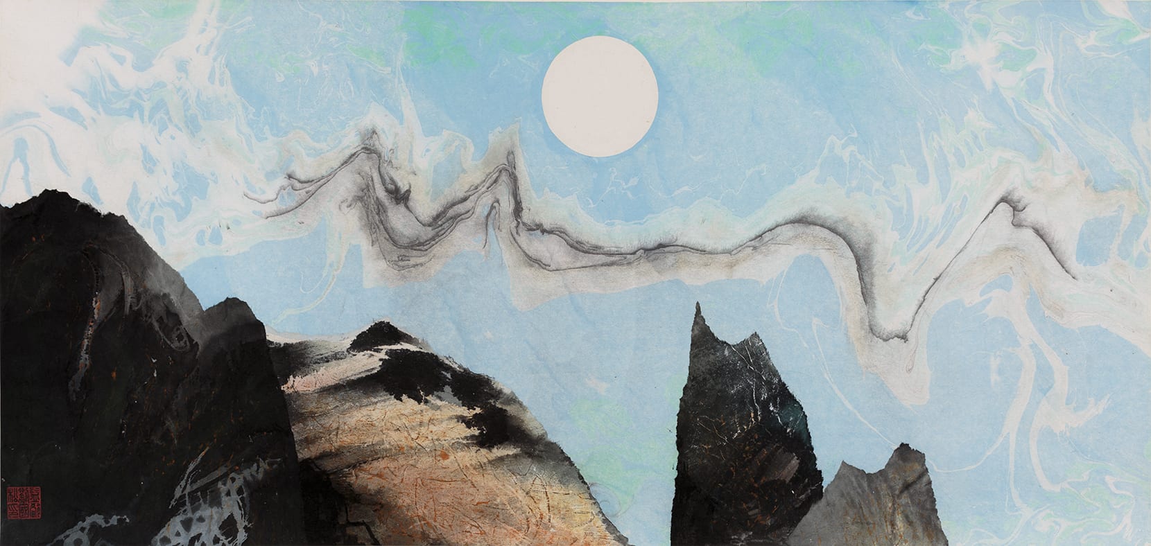 Rhythmic Flow and Floating Moon 流雲浮月 1972 Ink and color with collage on paper 42.5 × 89.5 cm